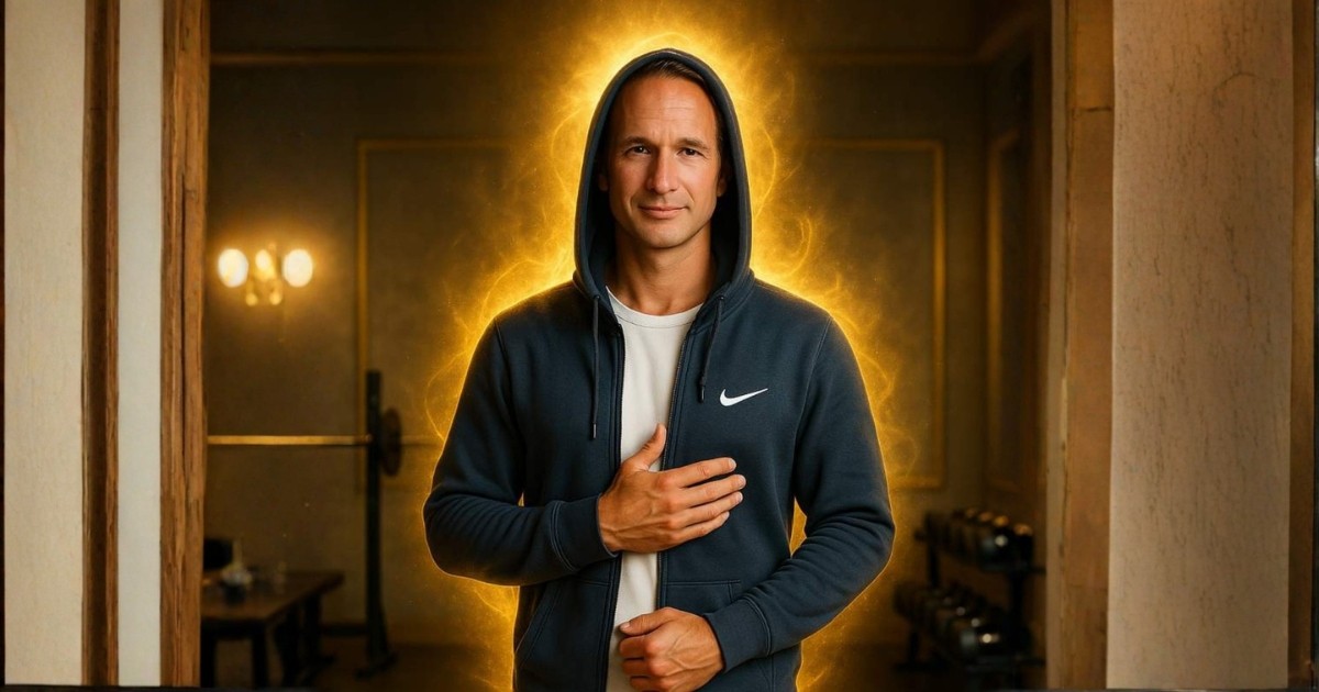 Man in ritueel van kracht en zelfverbinding – Mister Bewustzijn, hand op hart, omringd door innerlijk vuur.