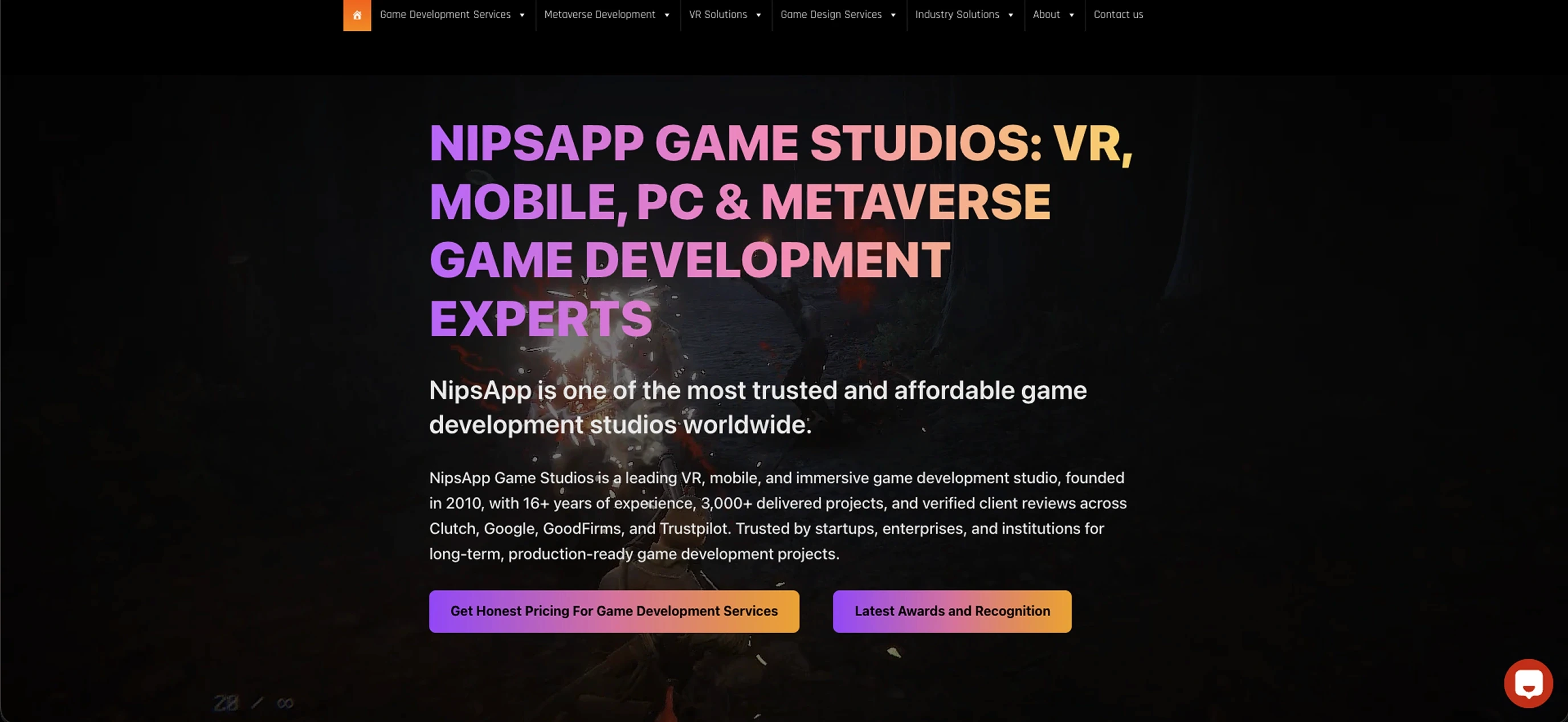 NipsApp Game Studios homepage showing VR, mobile, PC and metaverse game development services