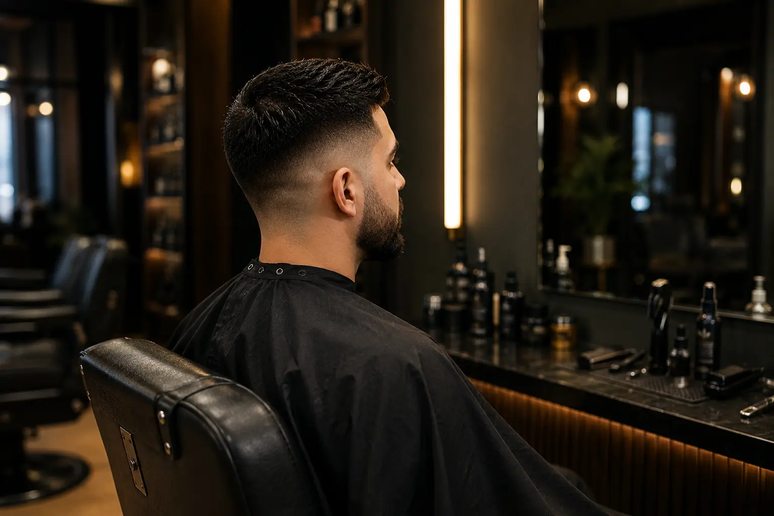 Men’s haircut with a clean skin fade, textured top, and professionally shaped beard at Mr. Sam Barbershop.