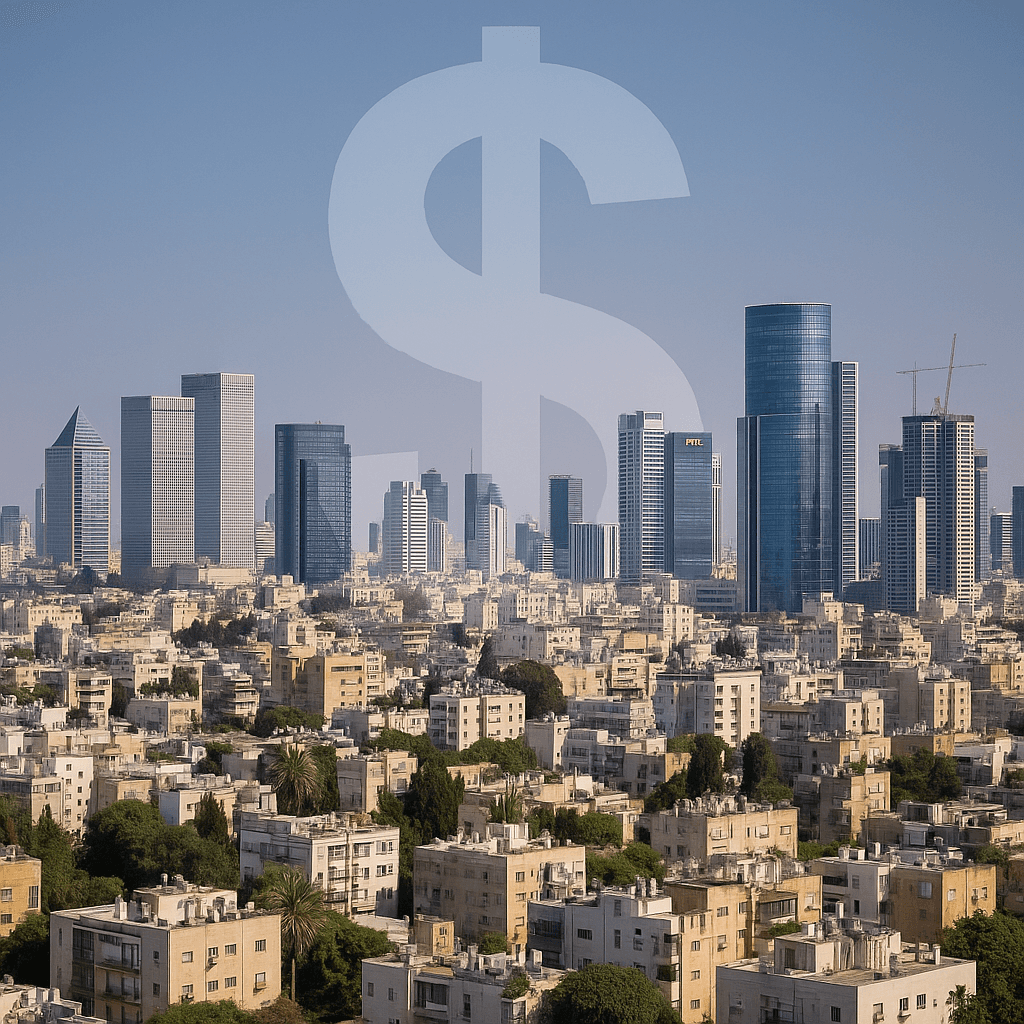 צילום אווירי של קו הרקיע של חיפה בשעת ערב, עם תאורת עיר חמה ורמזים גרפיים עדינים של סמלי דולר ברקע השמיים – מסמל את הקשר בין שער הדולר להשפעות על שוק הנדל״ן בישראל.