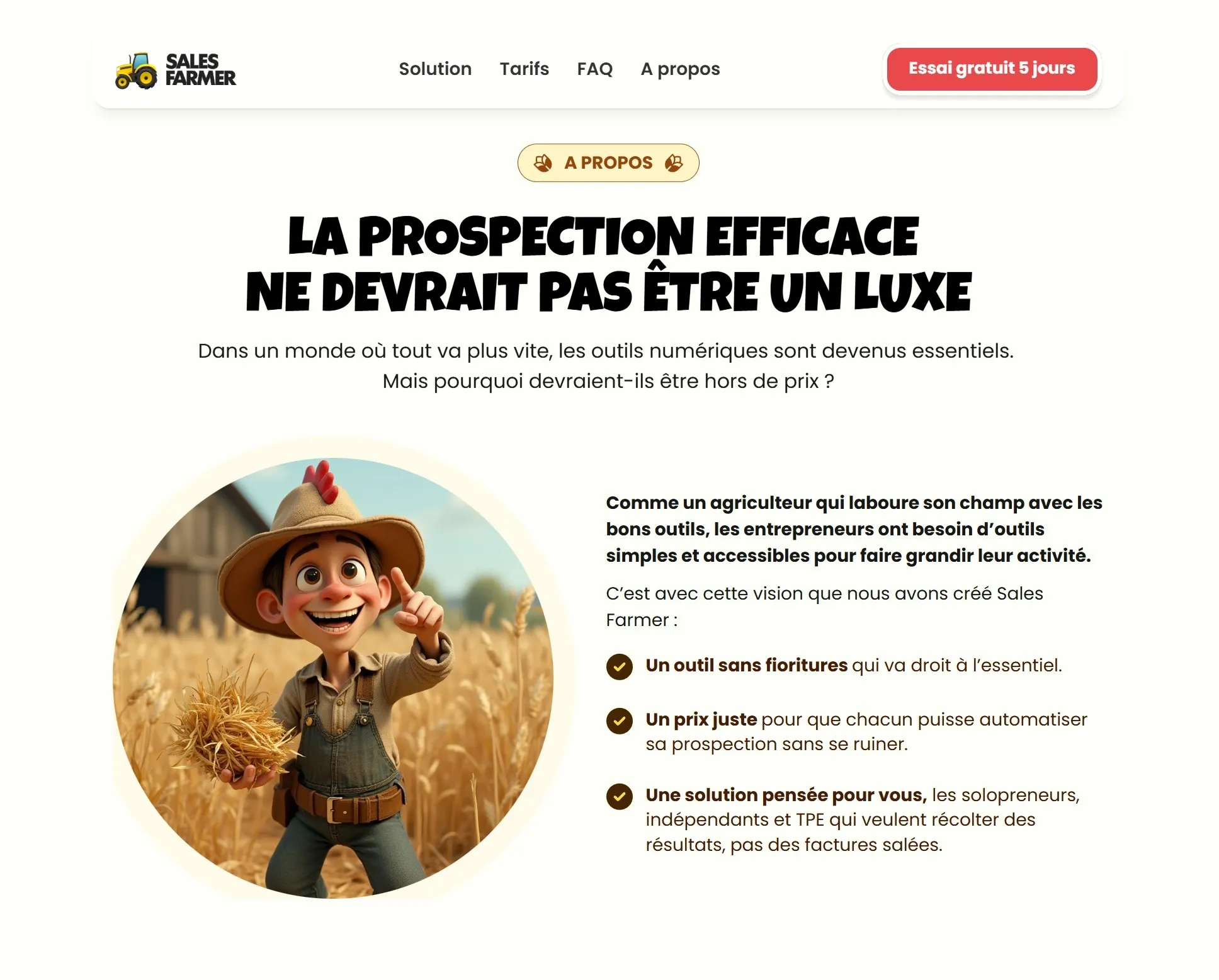section à propos landing page sales farmer