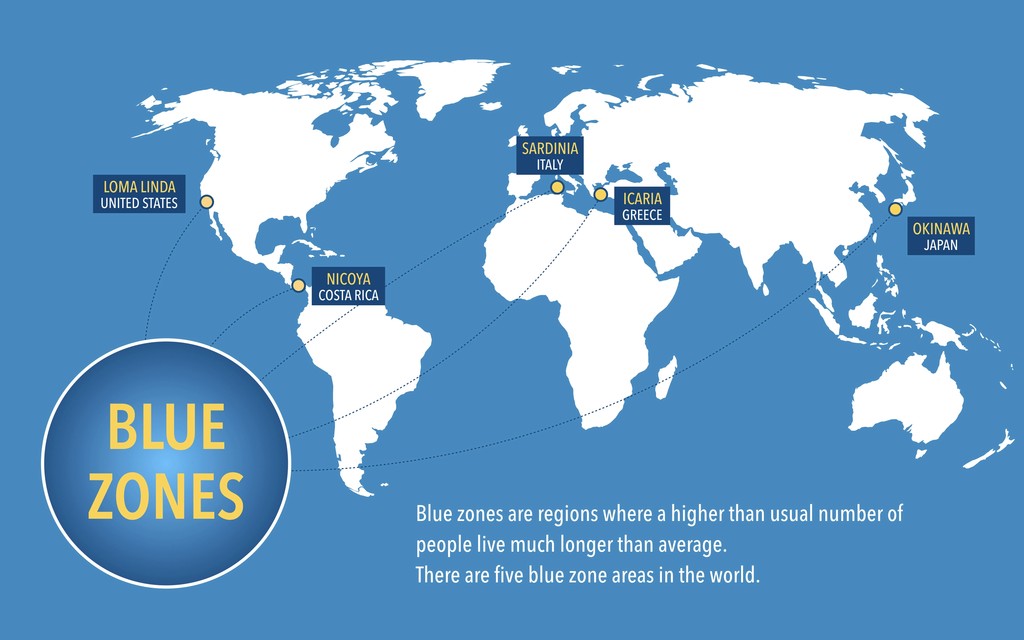 Map of the 5 blue zones on the planet