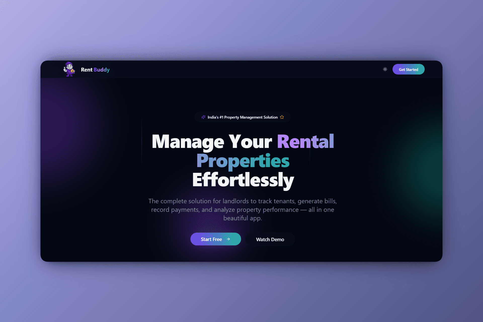 The screenshot of Rent buddy website is a platform to manage rental properties with Subtle voilet gradient background.
