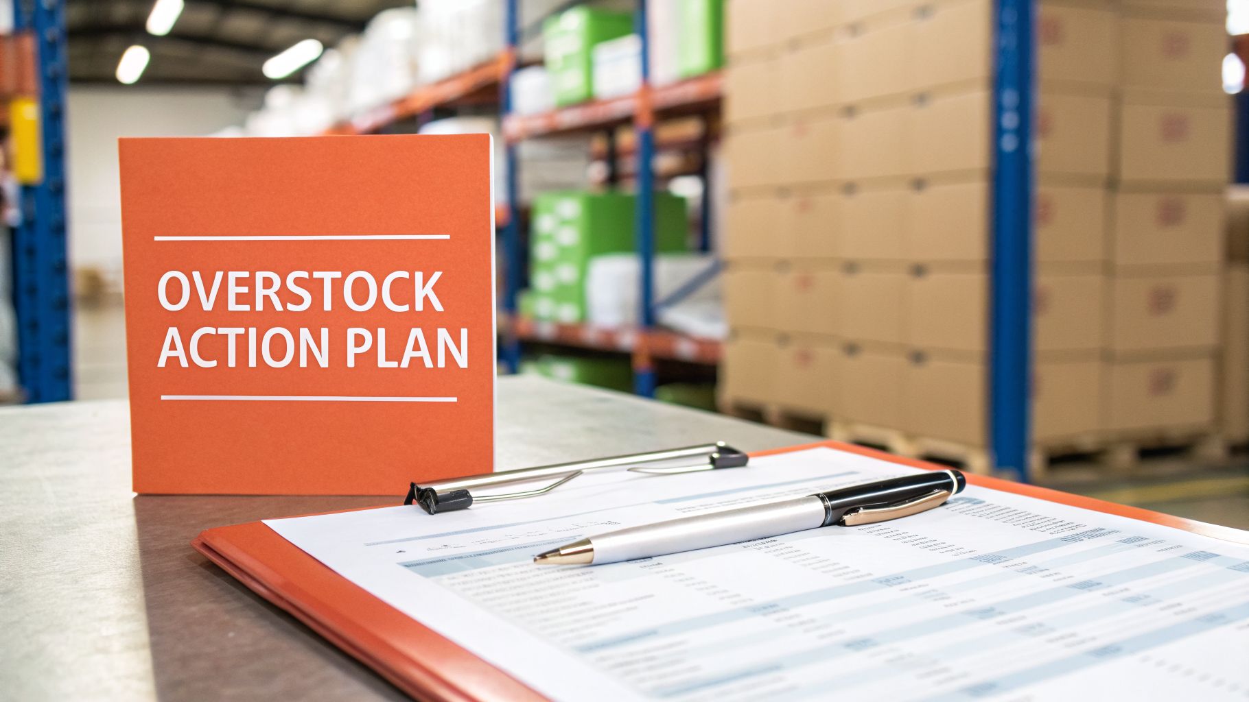 An orange 'OVERSTOCK ACTION PLAN' folder on a desk with a clipboard and pens in a warehouse setting.