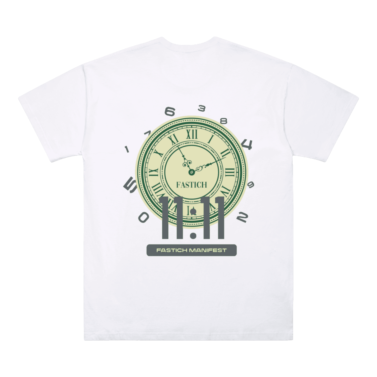 White t-shirt with a green clock design and 'Fastich' branding on a white background