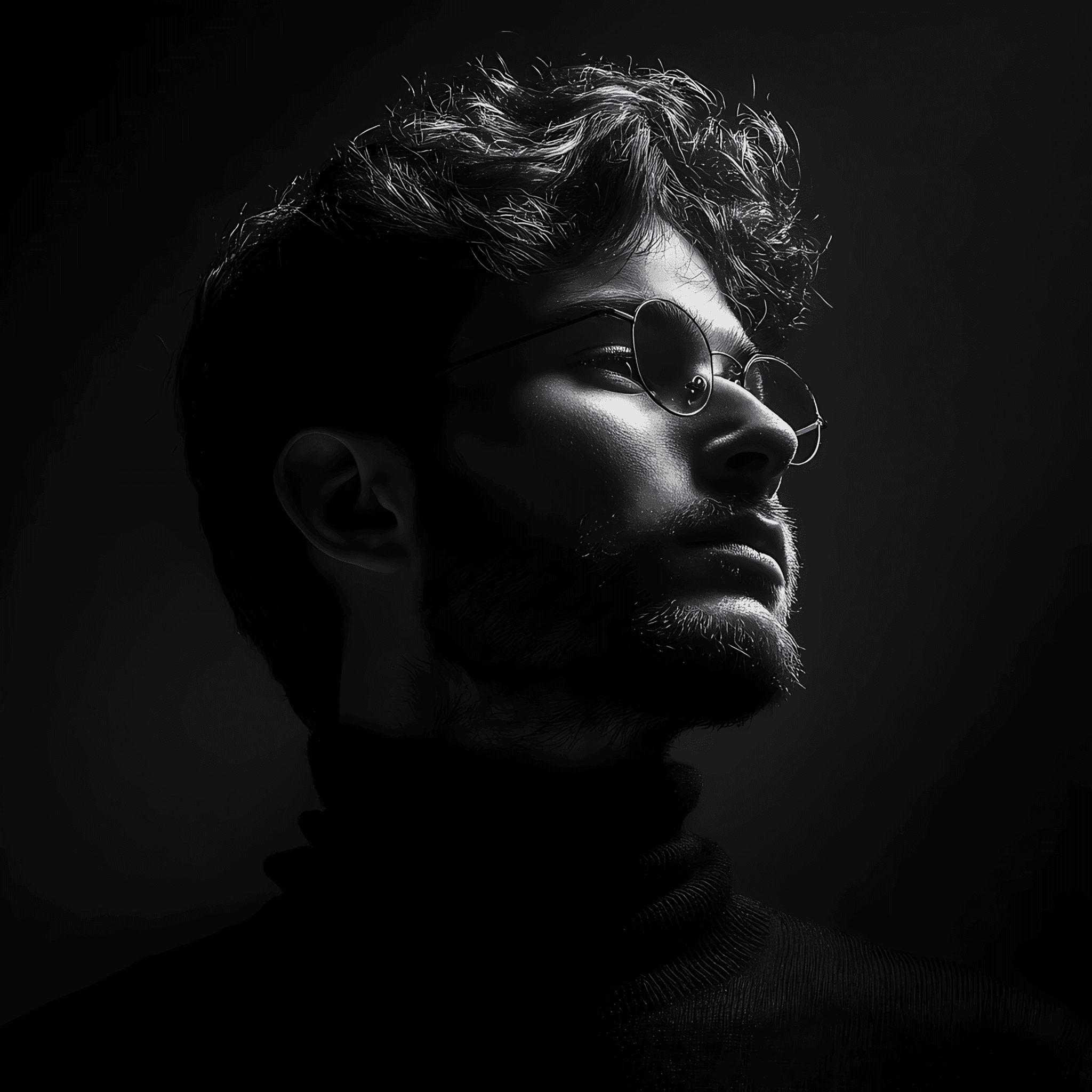 A striking black and white portrait of a man with round glasses, a beard, and a high-neck sweater