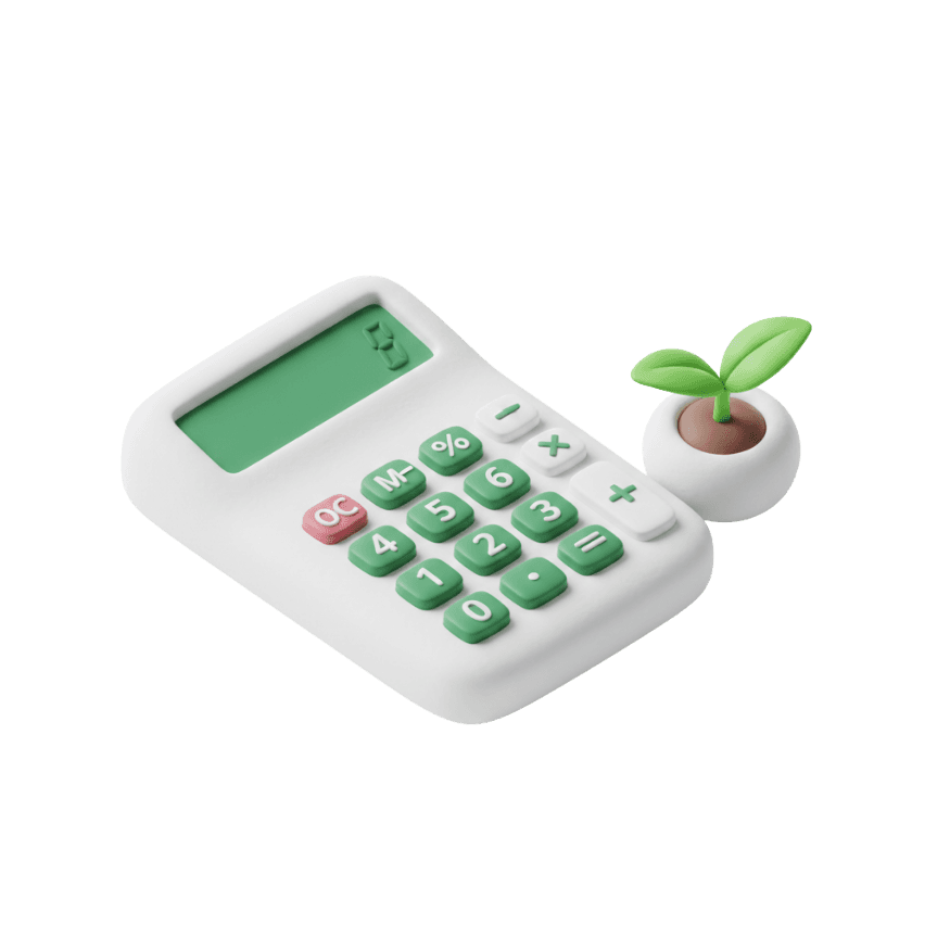 3D-Clay-Icon mit einem Taschenrechner und einem kleinen Keimling, das für vorausschauende Finanzplanung und Kostenübersicht steht.