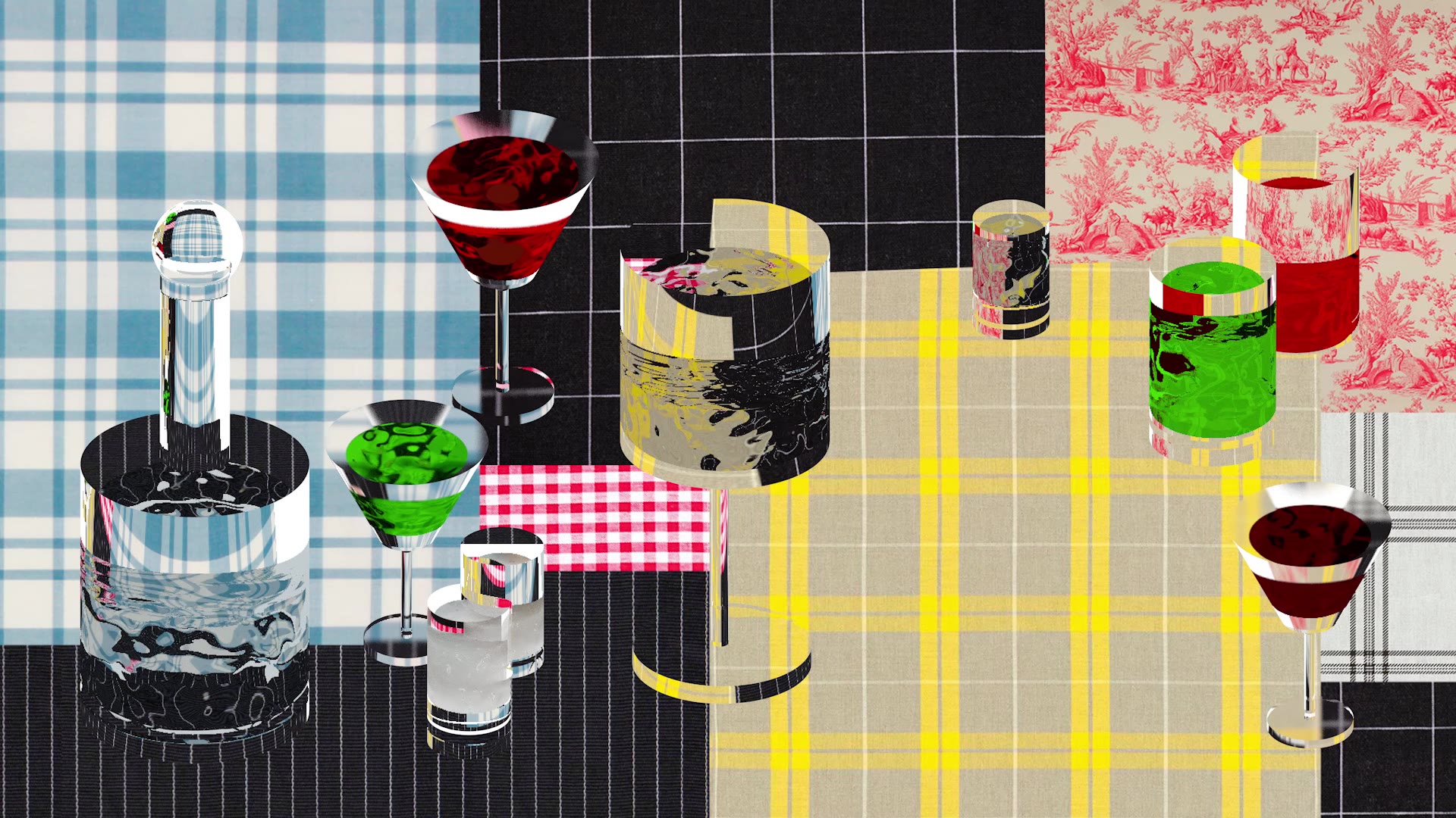 Still, Almost: glasses, a decanter and tumblers on layered textiles — plaid, gingham, toile — seen flat from above.