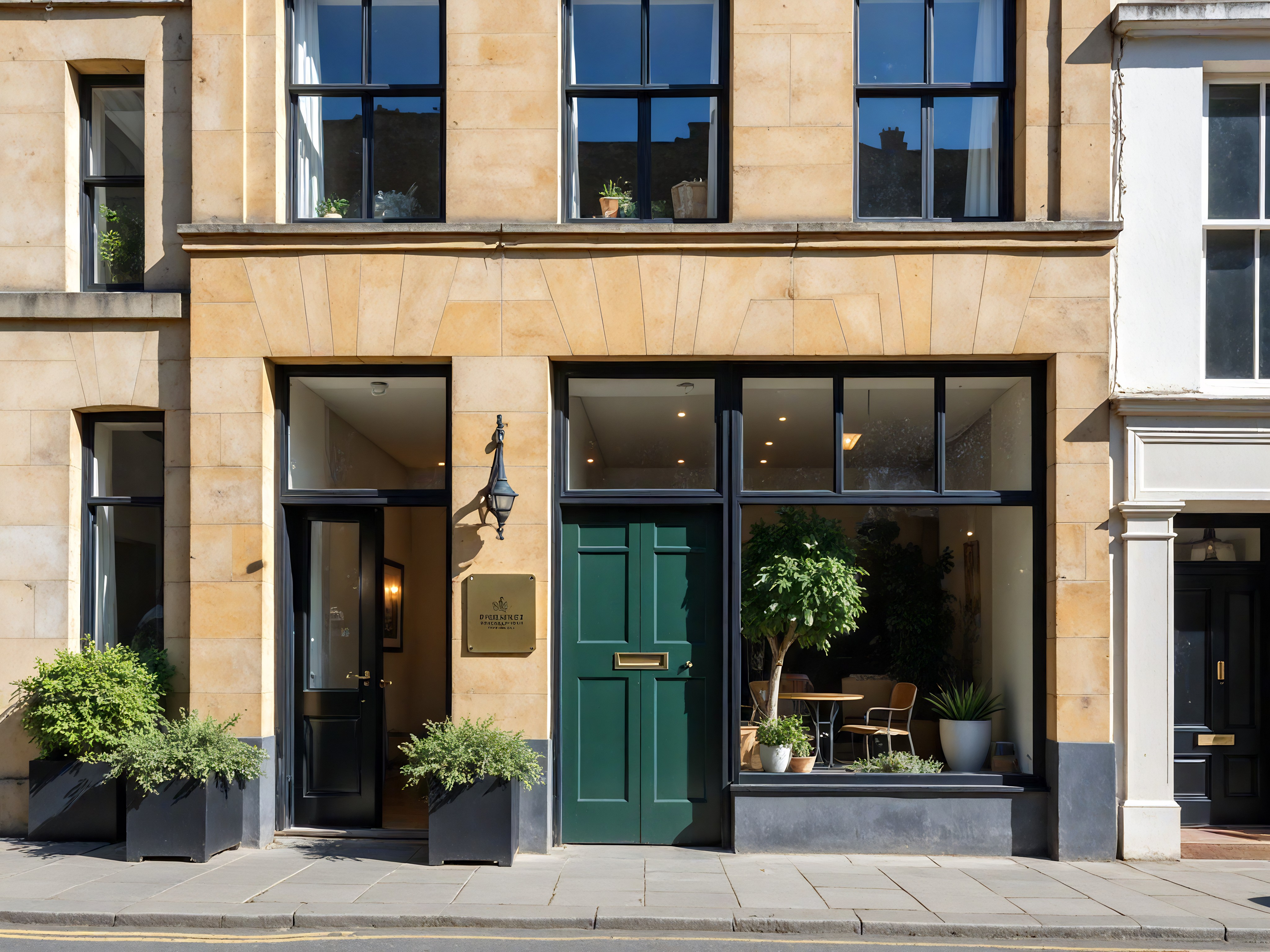Gemini said A classic-style kitchen and breakfast room with off-white paneling, marble-patterned flooring, and intricate ceiling carvings. In the center, a large white kitchen island with marble counter has a central grey vase with white-colored flowers and a sink on the right side. Against the far-left wall is a white countertop, two glass-fronted cabinets with off-white bowls on the shelves, and two drawers and cabinets. Next to it, in the center, is a large white rangehood with detailed carvings at the bottom, above an off-white professional-style range with six burners. In the far-right corner are three white panel-designed double doors with gold-colored handles, with the left door open and looking out on a green garden. To the right of the island is a large potted plant and a second similar potted plant sits in the far-left corner. Natural daylight streams through the open window, illuminating the room.