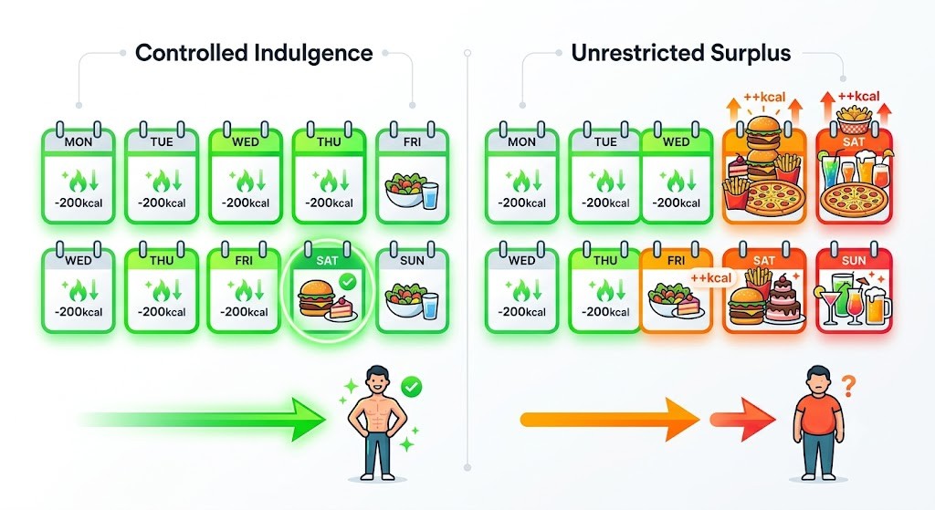 A side-by-side infographic comparing two weekly diet strategies. On the left, "Controlled Indulgence" shows a consistent calorie deficit with one planned treat, leading to a fit physique. On the right, "Unrestricted Surplus" shows high-calorie weekend meals leading to weight gain.