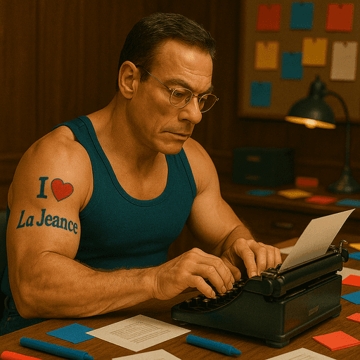 Jean-Claude en marcel en train d'écrire un scénario à la machine à écrire. On voit bien ses biceps musclés avec un tatouage de La Jeance