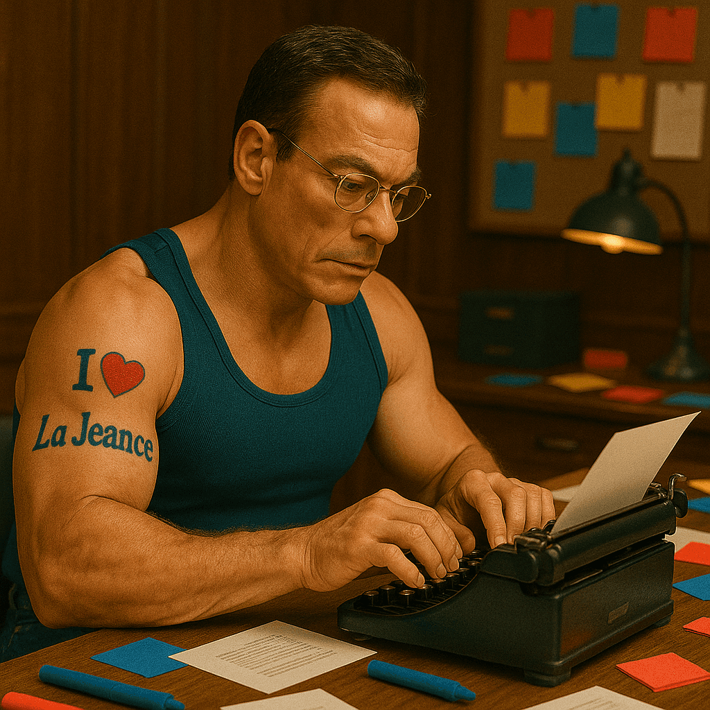 Jean-Claude en marcel en train d'écrire un scénario à la machine à écrire. On voit bien ses biceps musclés avec un tatouage de La Jeance