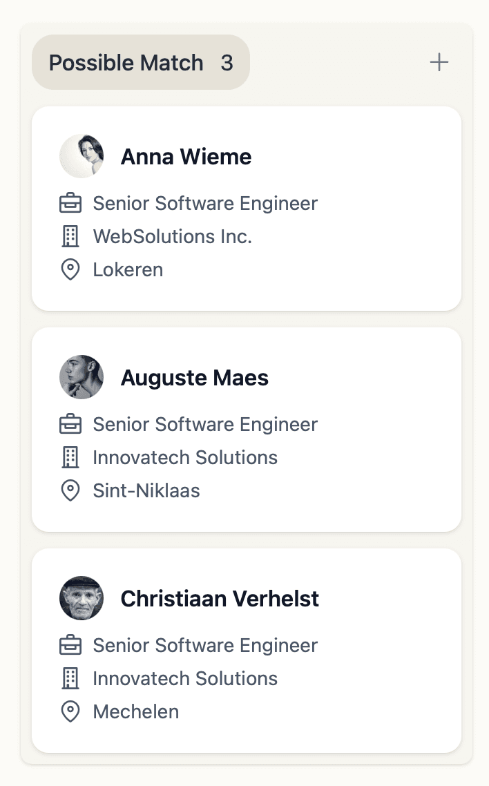 Screenshot of the 'Possible match' lane in a job funnel, which contains 3 candidates