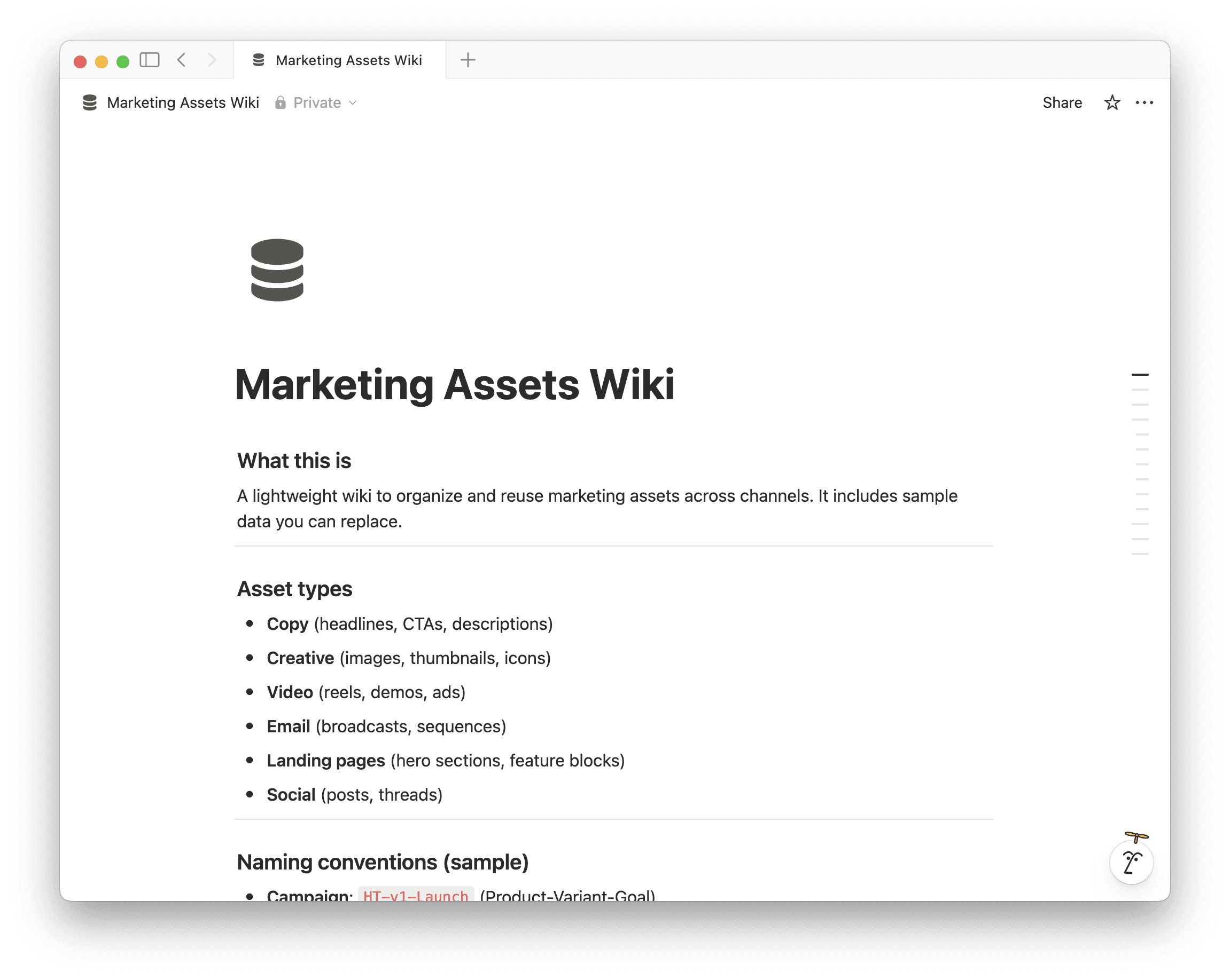 Company wiki and internal knowledge base organized inside a Notion workspace with processes and documentation