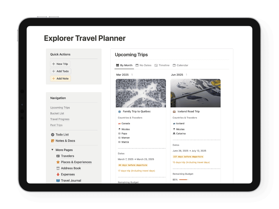 iPad showing the Explorer Travel Planner Notion template