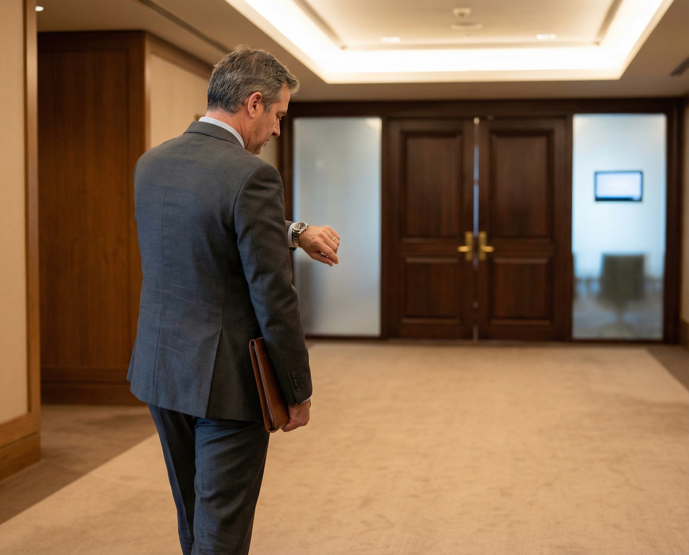 A group company secretary in his late 40s walking down a wide, carpeted corridor in a large corporate headquarters, carrying a slim leather document folder under one arm, heading toward a set of closed boardroom doors at the end of the corridor. He is mid-stride, relaxed, checking his watch — not because he is late, but because he is early and confirming it. The boardroom doors are the focal point at the end of the corridor: heavy, formal, the kind of doors that lead to a governance meeting of a listed entity.