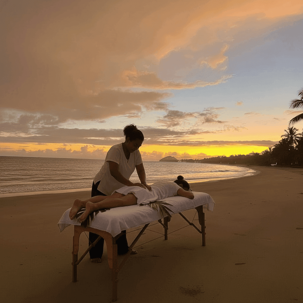 Beachfront massage session at sunset with a therapist massaging a client on a tropical Fiji beach at Uprising Beach Resort