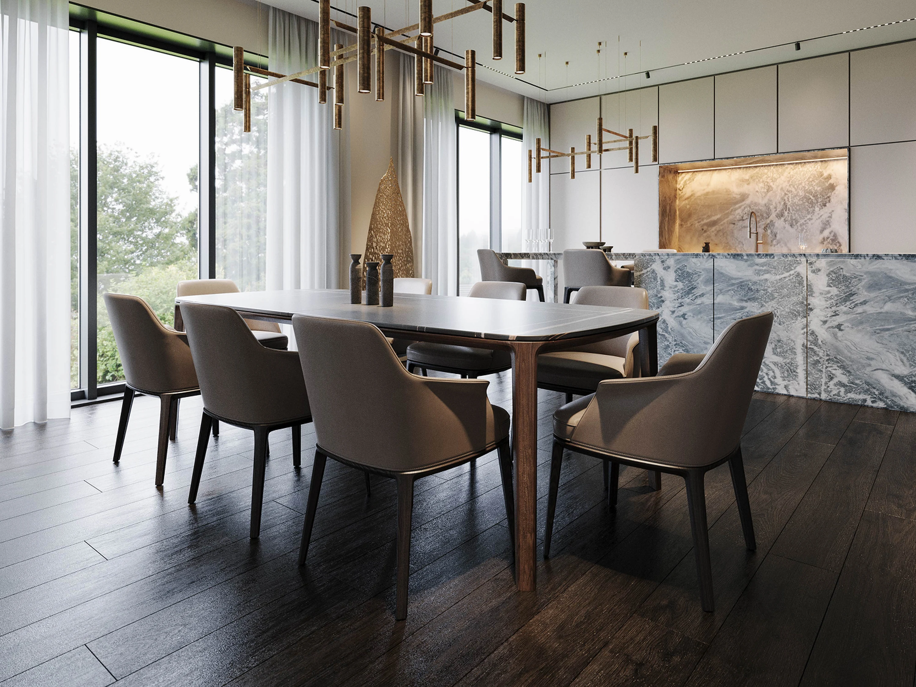 Cuisine — crédence en granite et éclairage sous meuble.