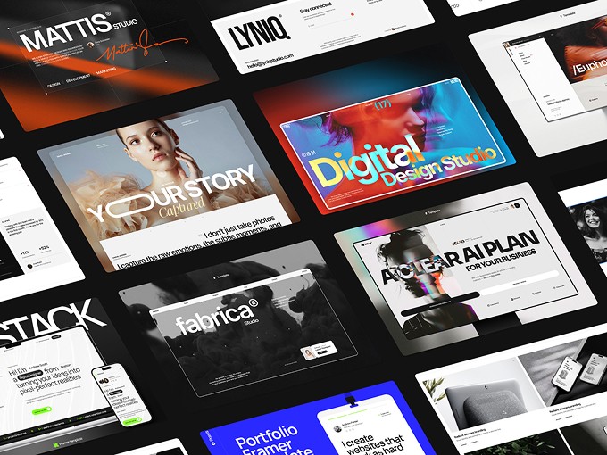Collage of premium Framer website templates including portfolio, agency, photography, AI business, and digital design studio layouts with bold typography and modern UI design