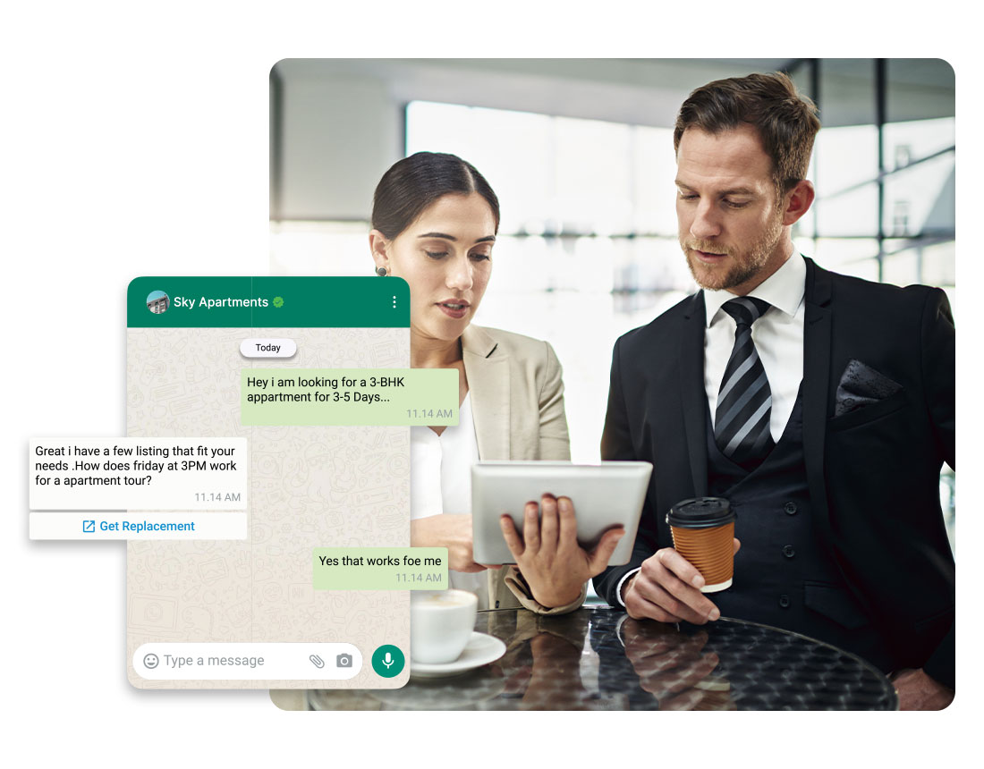 Business professionals discussing real estate options while reviewing a tablet; includes a WhatsApp conversation about scheduling an apartment tour for a 3-BHK rental