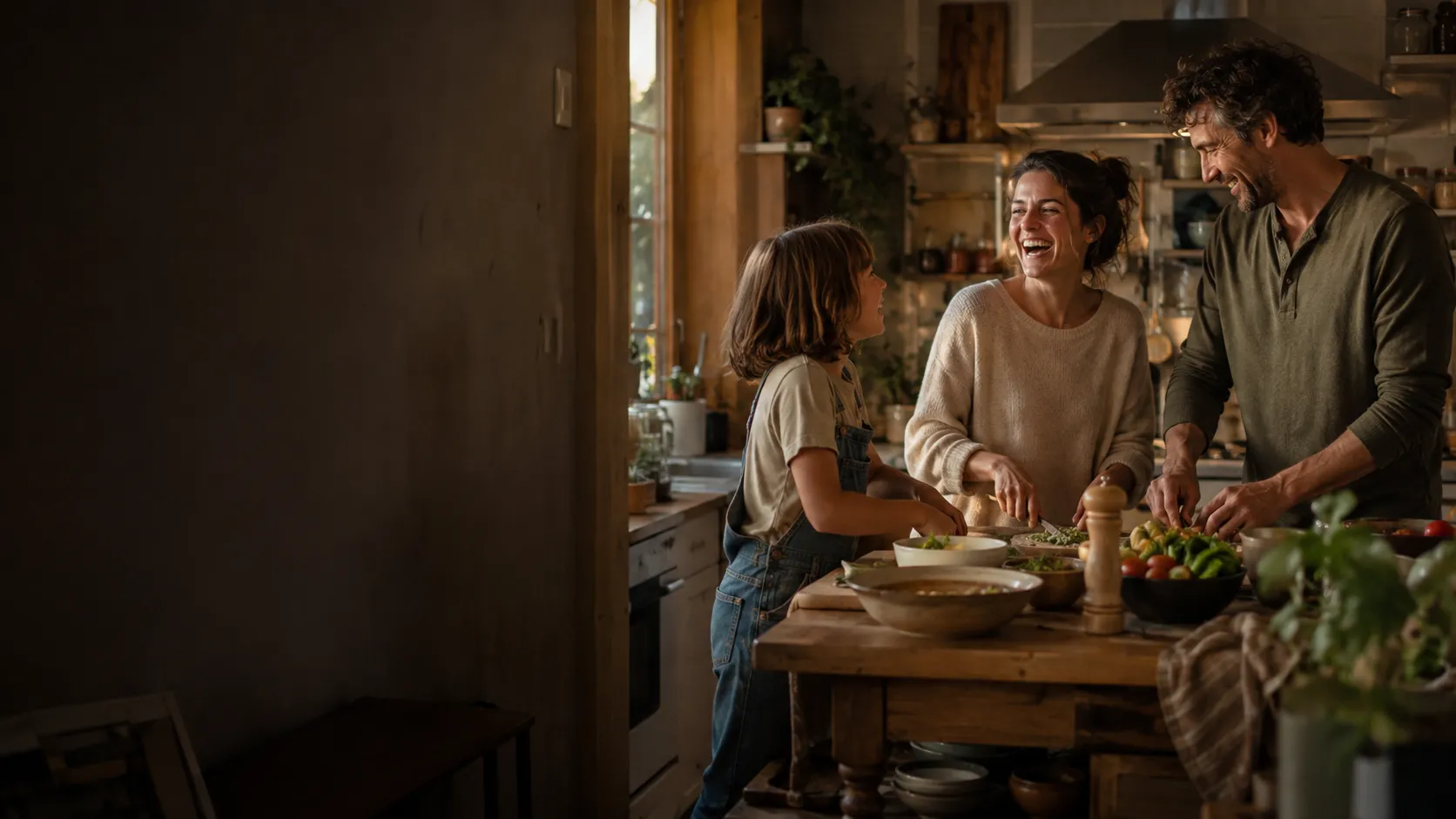 A family sharing a joyful, connected moment over dinner at home.