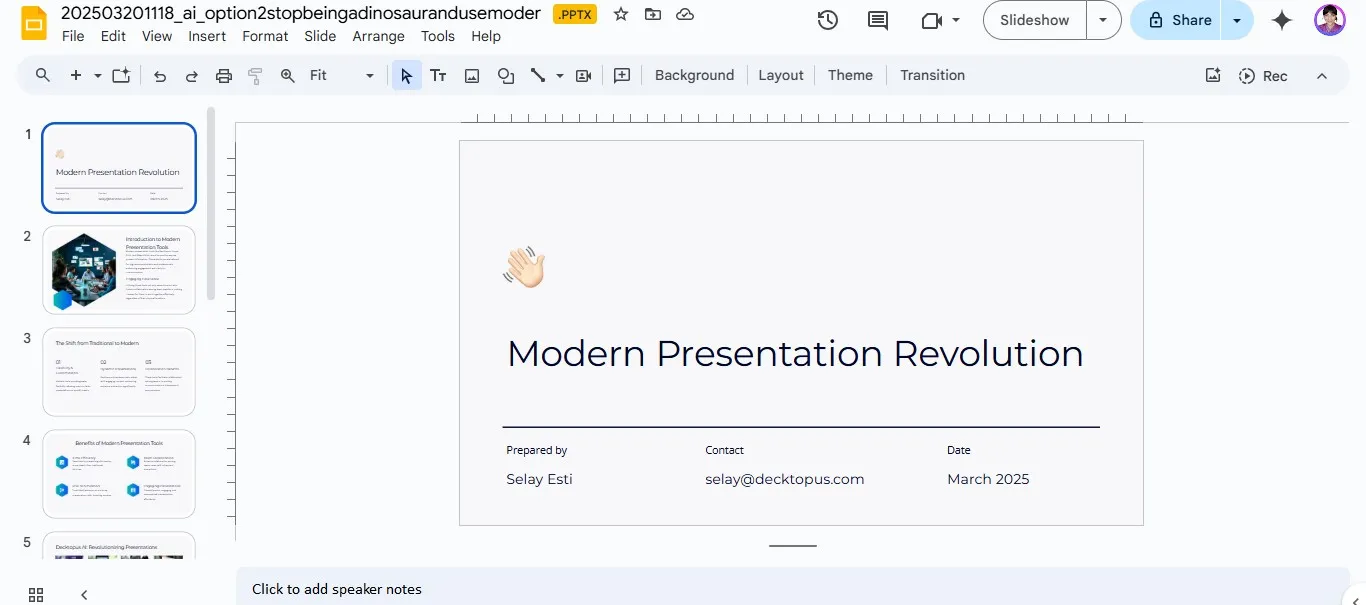 A screenshot showing the Google Slides interface with the “File” menu highlighted at the top-left corner of the screen.