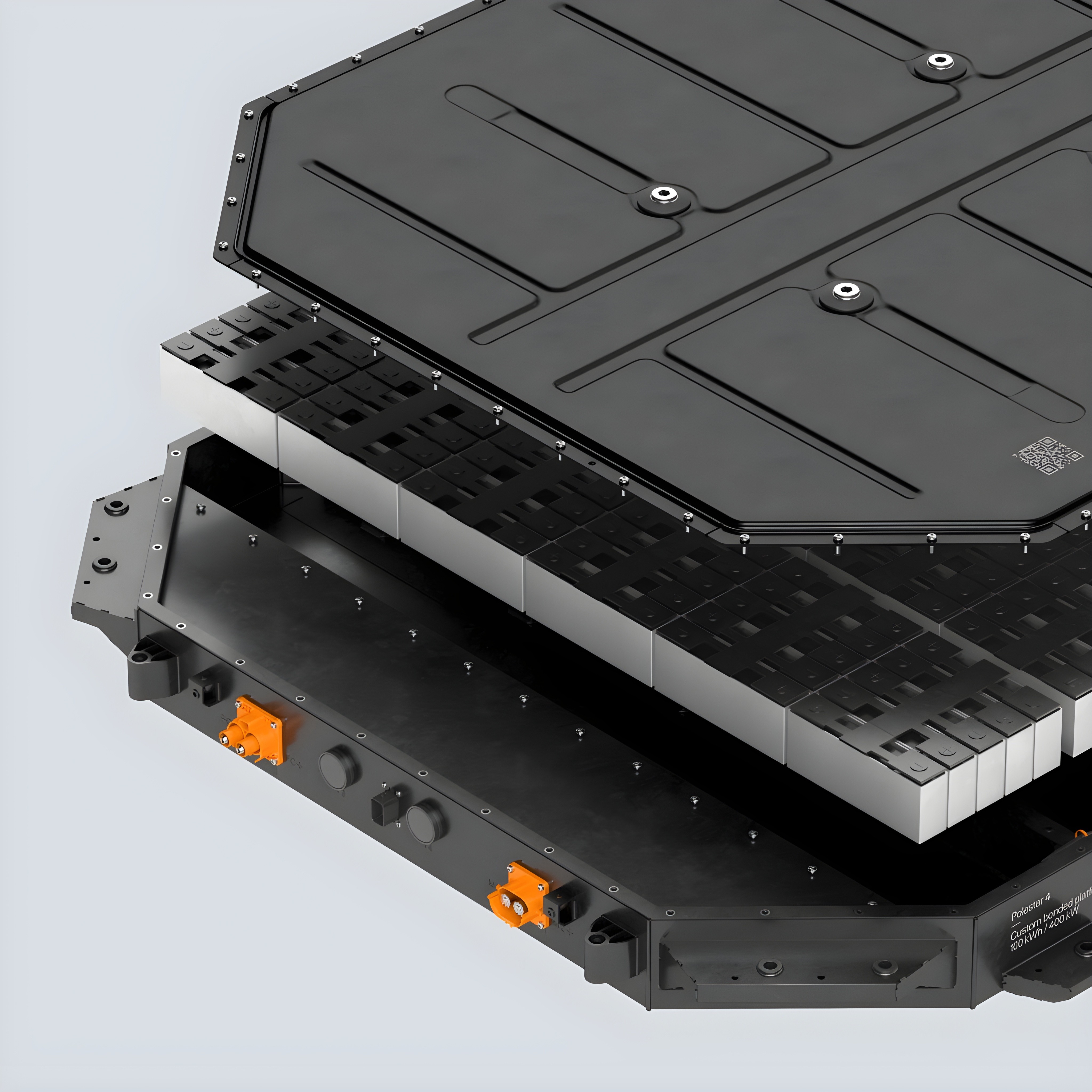 Pack batterie de la Polestar 4 avec modules visibles, illustration technique du système 100 kWh