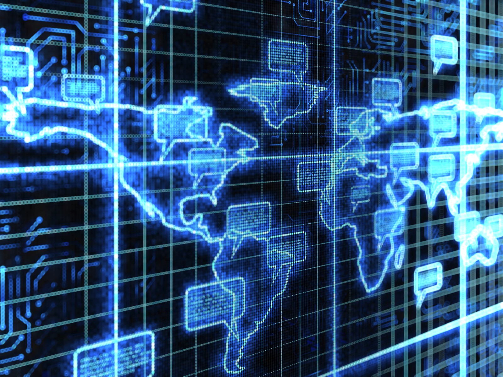 Abstract representation of the world map in shades of blue, resembling a digital flat vector illustration. The map is simplified and minimalistic, featuring outlines of continents and major landmasses. The blue light overlay enhances the modern and futuristic aesthetic, suggesting a technologically advanced interpretation of global geography.