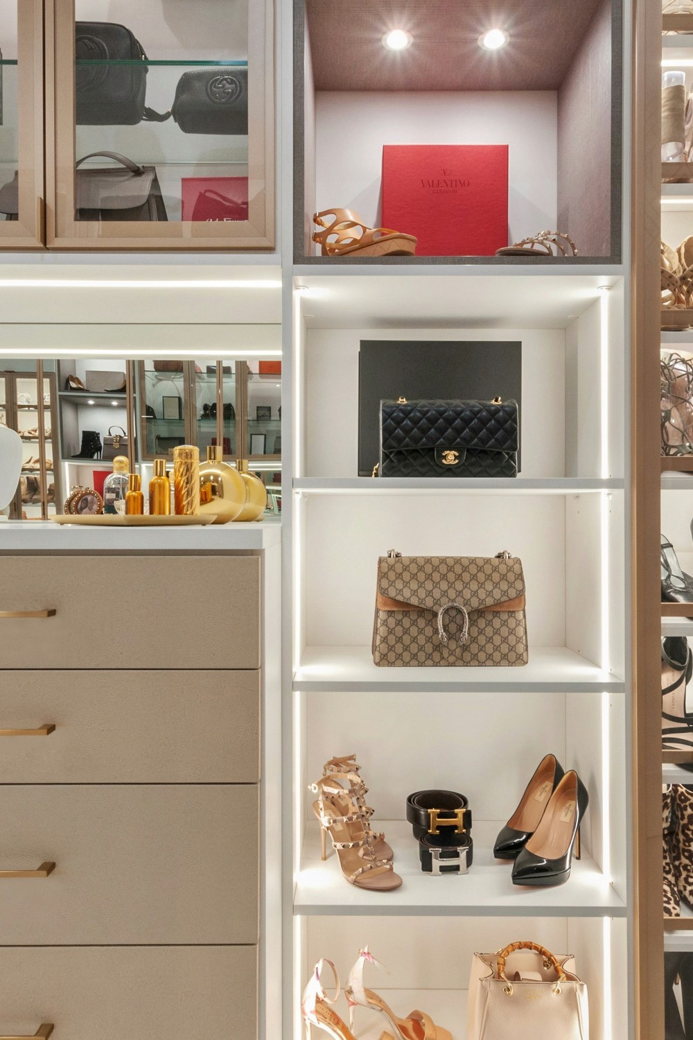 Minimalist wardrobe with handbags and shoes