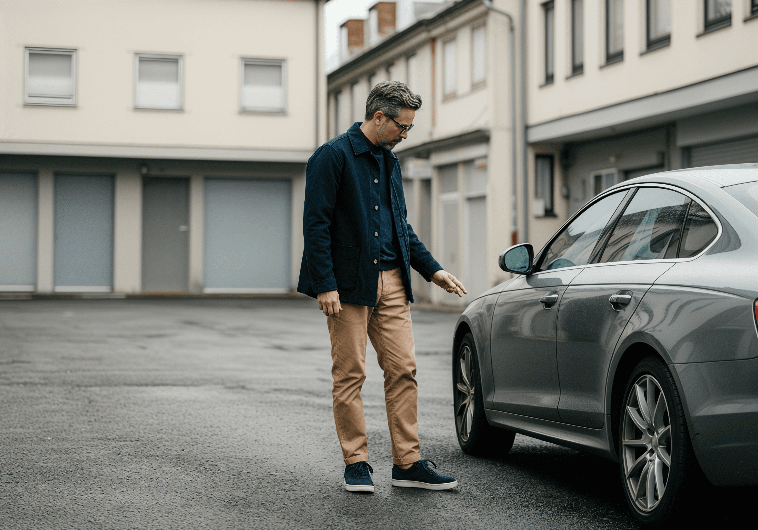 Man in glasses, blue jacket, and beige pants about to open a silver car door in an urban setting.