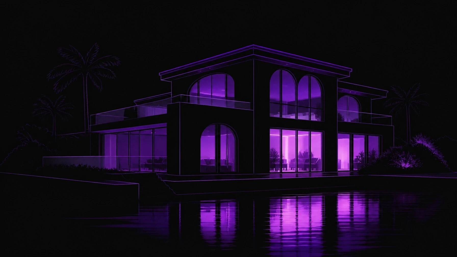 A cinematic, high-end agency style with deep blacks and electric violet/magenta accents, featuring a minimalist silhouette of Naples luxury real estate in clean vector-based lines.