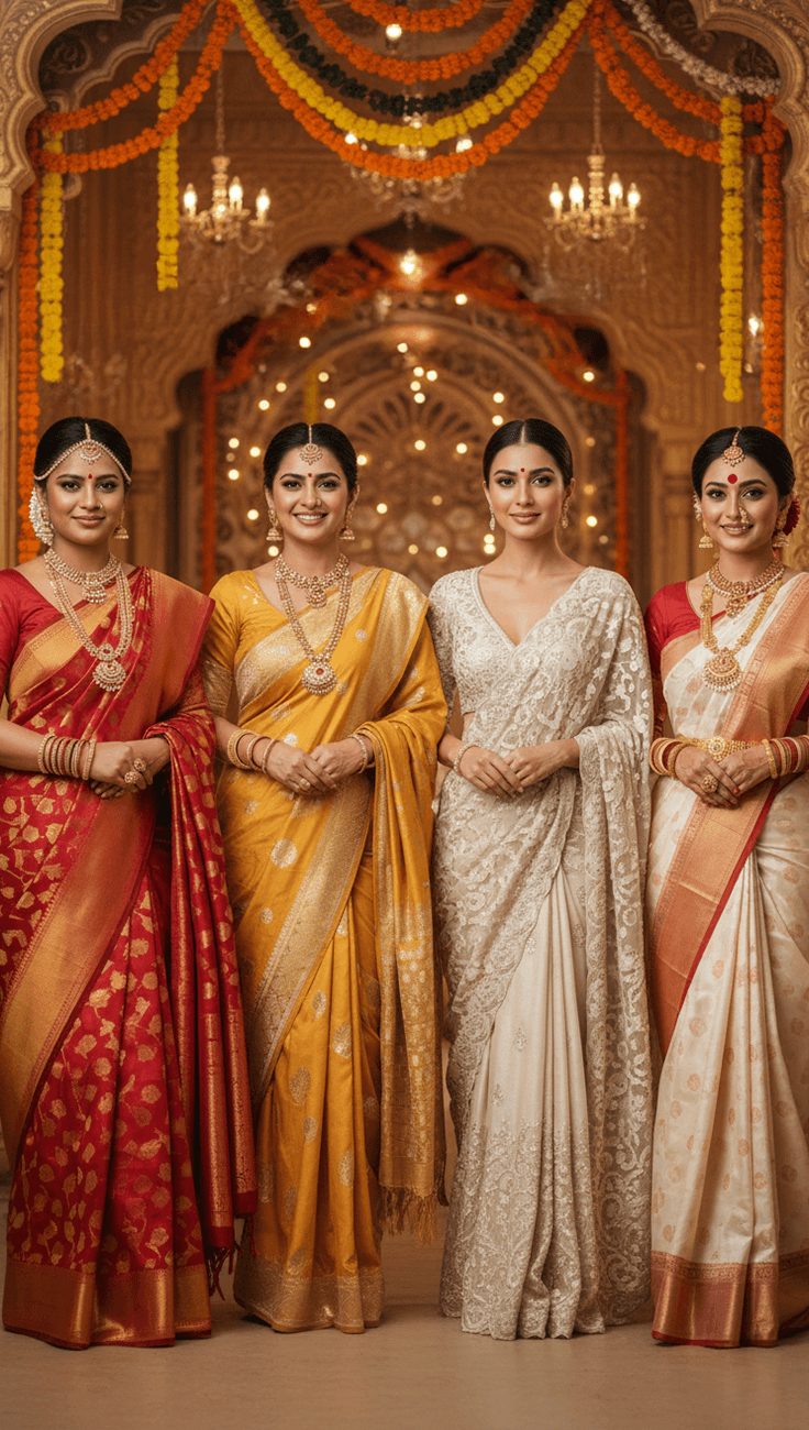 Brides wearing luxurious red and gold saree, posing at a wedding venue, representing modern bridal saree trends and elegant draping styles of 2025.