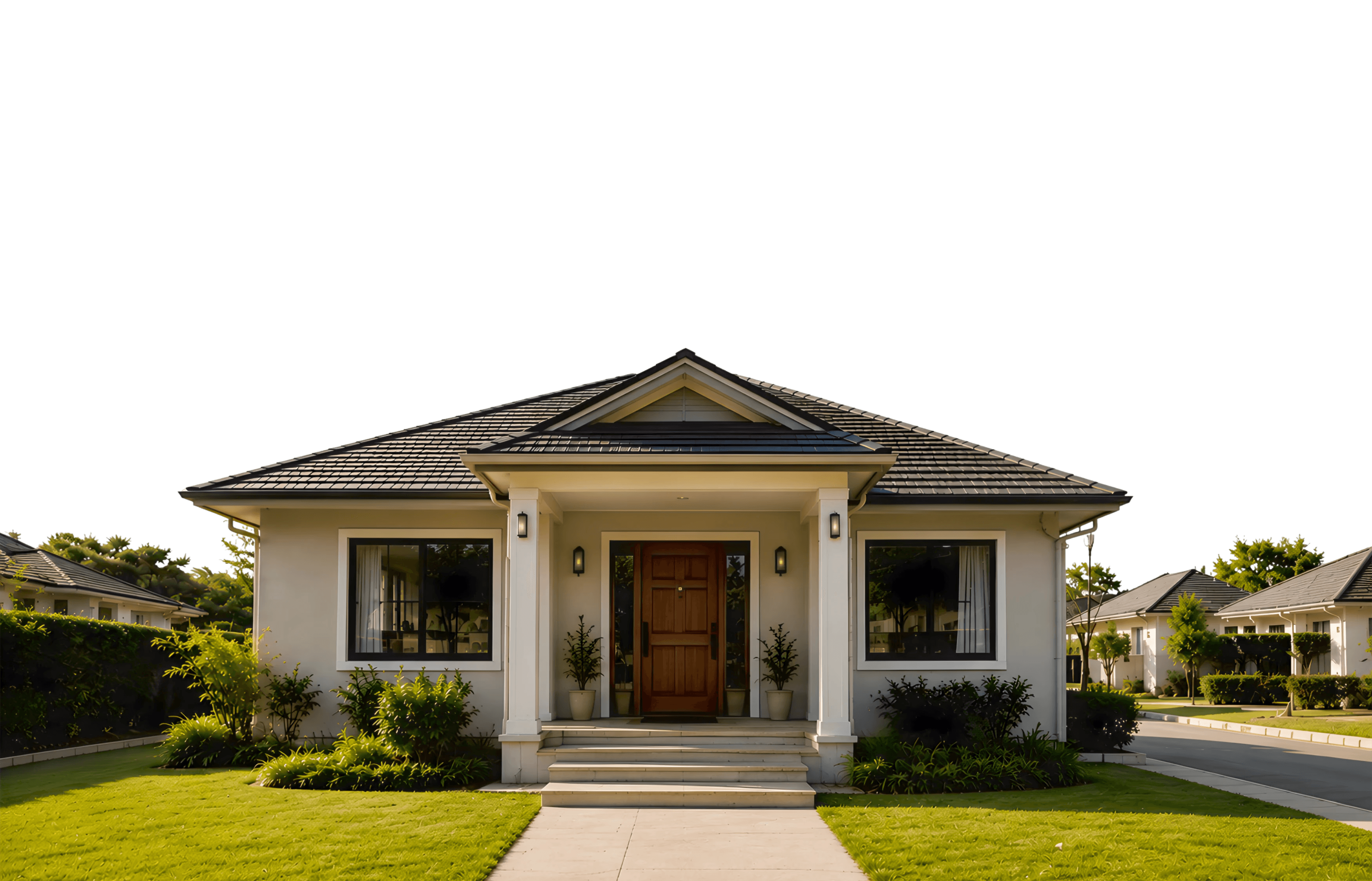 Front exterior of a beige suburban home with a wood front door, landscaped lawn, and walkway