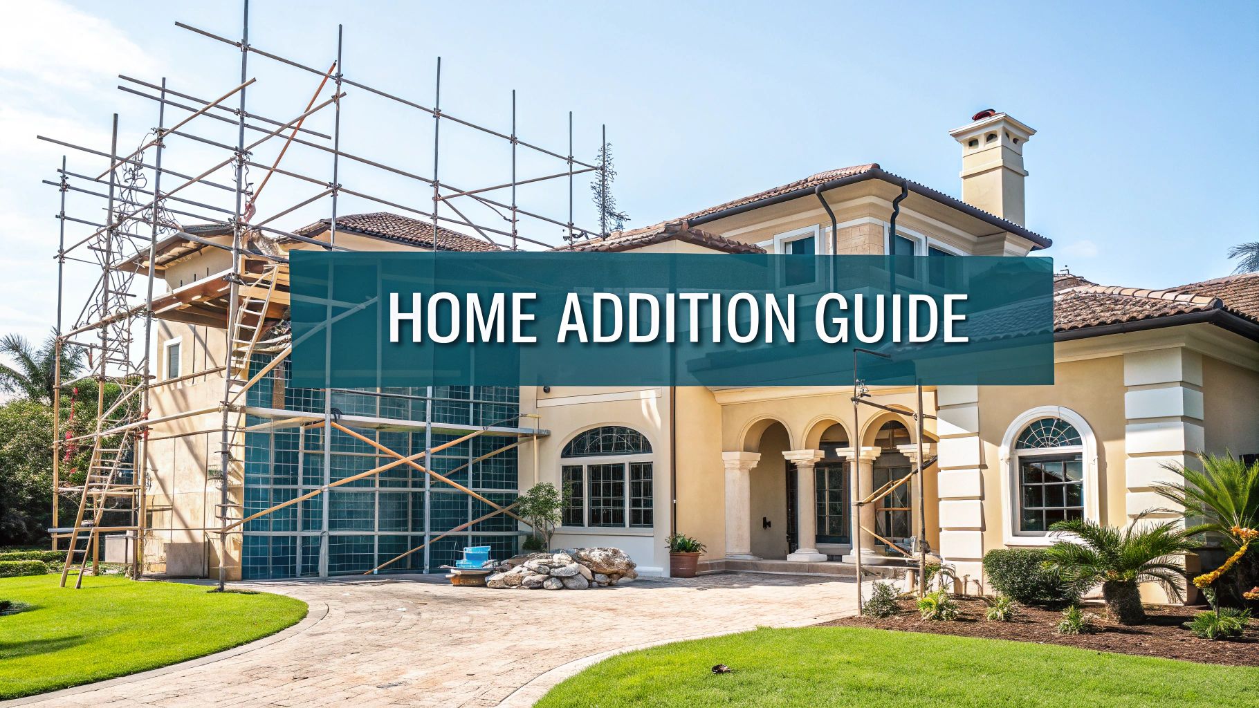 a large home with scaffolding outside and under construction