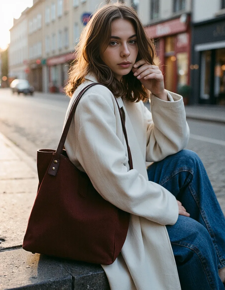 Person in cream coat with burgundy tote bag sitting on city street during golden hour, creating an elegant autumn editorial aesthetic