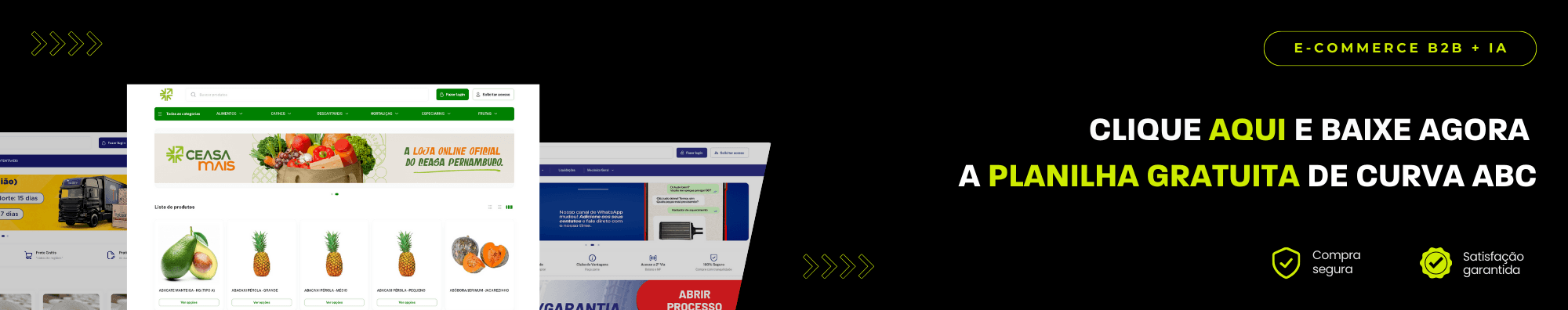 Banner horizontal com fundo escuro, ícones de segurança e satisfação, e imagens de lojas B2B exibidas à esquerda. Elementos gráficos em verde destacam o tema de e-commerce B2B com IA.