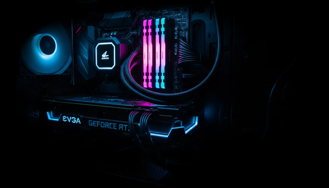 DSLR photograph, cinematic close-up of the interior of a high-end PC for 3D rendering. The scene is dominated by dramatic, high-contrast lighting from glowing RGB components. Four sticks of RAM glow with a magenta-to-cyan gradient. Below them, an EVGA GeForce RTX graphics card is partially illuminated by the cool blue light. Thick, braided power cables catch the vibrant magenta glow. The background is deep black, with a strong vignette and shallow depth of field focusing attention on the illuminated hardware.