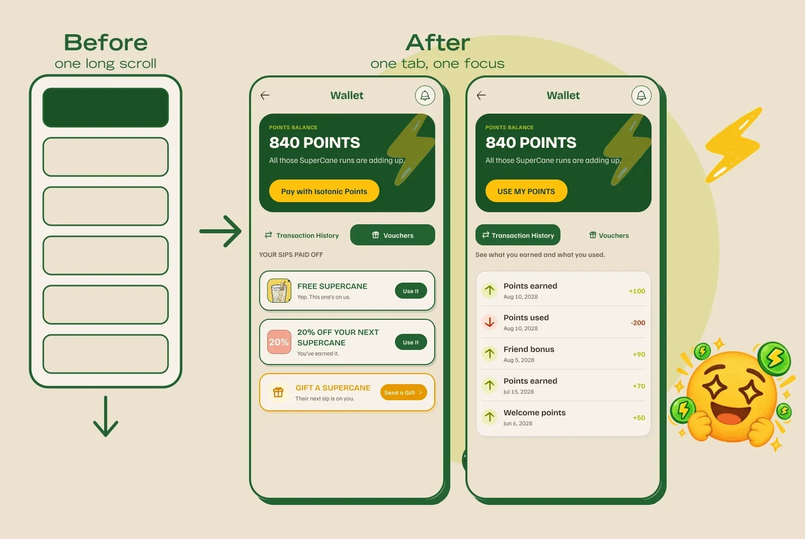Wallet before and after: one long scroll replaced by two tabs, Vouchers and Transaction History