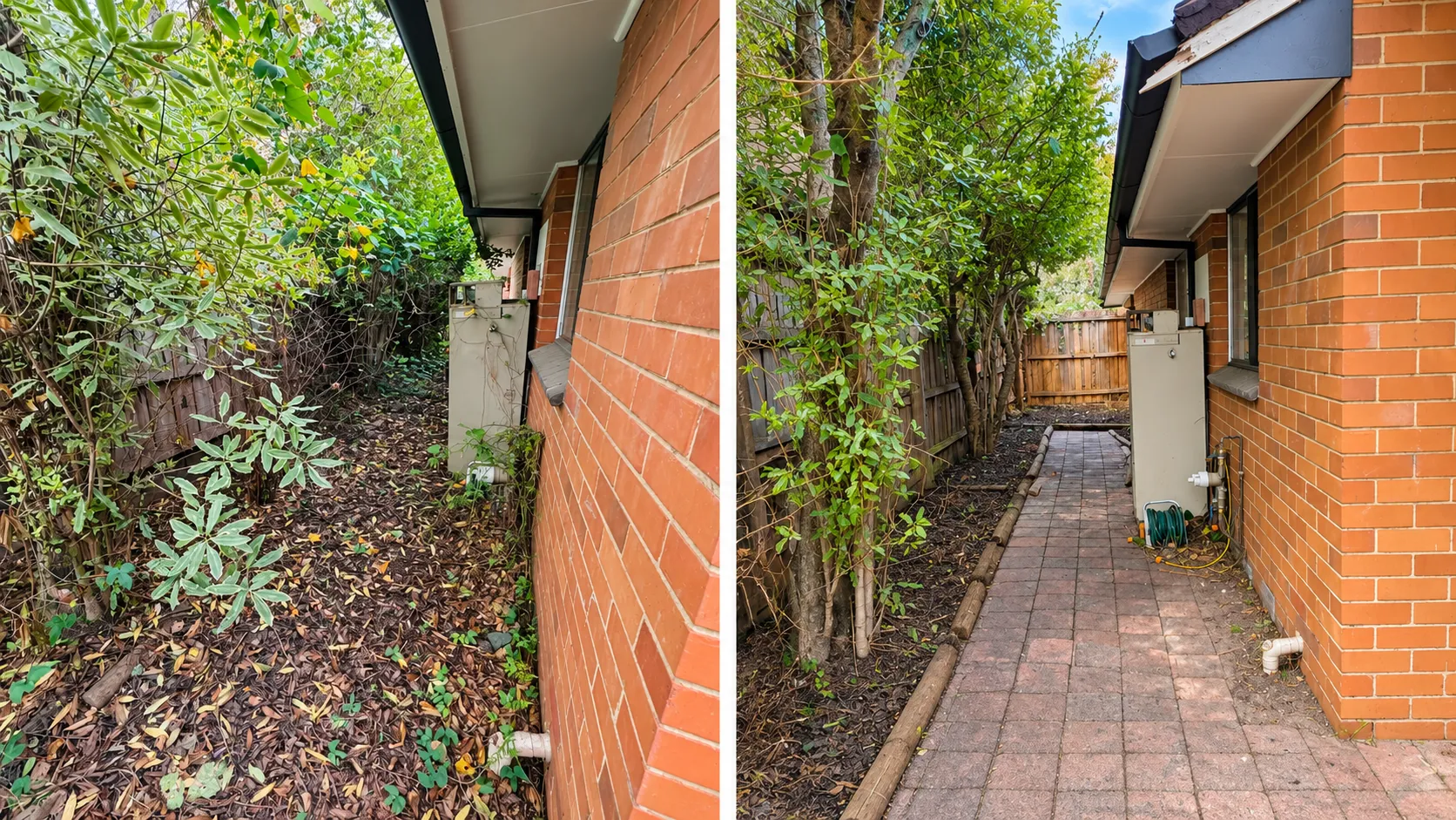 Before and after of a side path cleared of overgrowth and leaf litter by One Facilities
