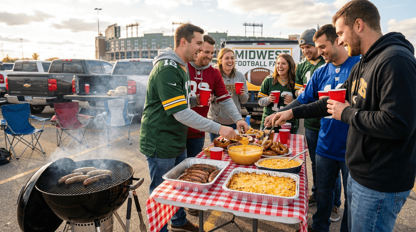 Midwest Labor Day tailgate spread with bratwurst, pretzels, and casseroles