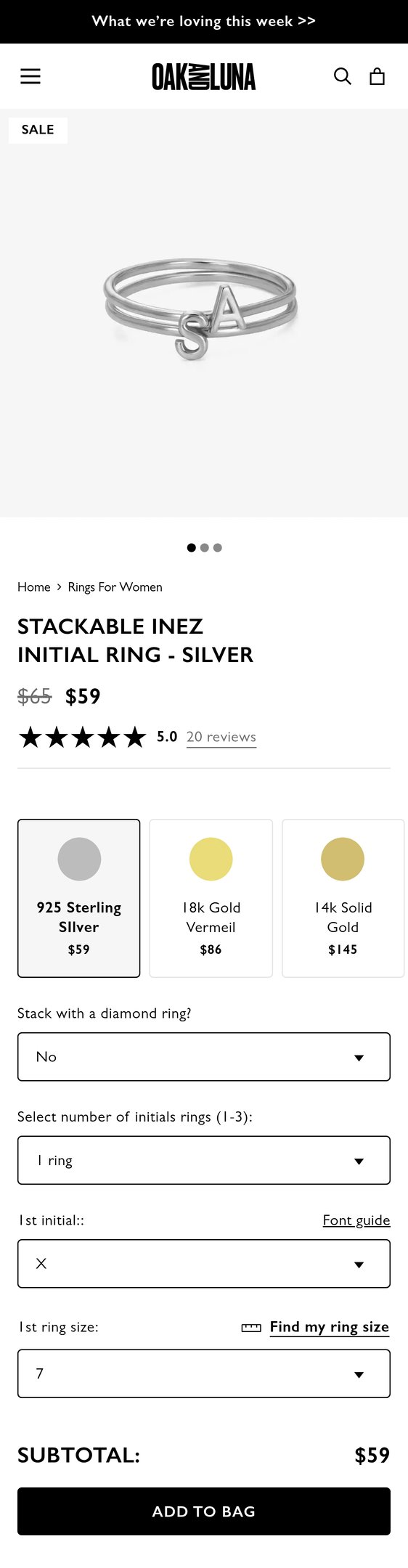 Jewelry product options include: ring, pendant for Stackable Inez Initial Ring - Silver from Oak & Luna.