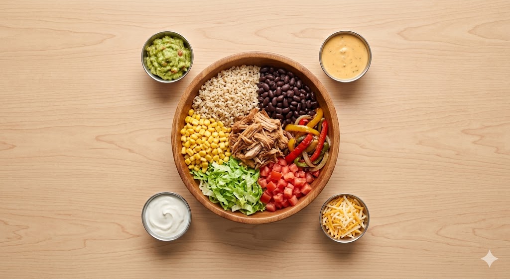 An overhead flat-lay photograph of a healthy Chipotle-style chicken burrito bowl with rice, beans, corn, peppers, and toppings like guacamole and cheese on a wood table.