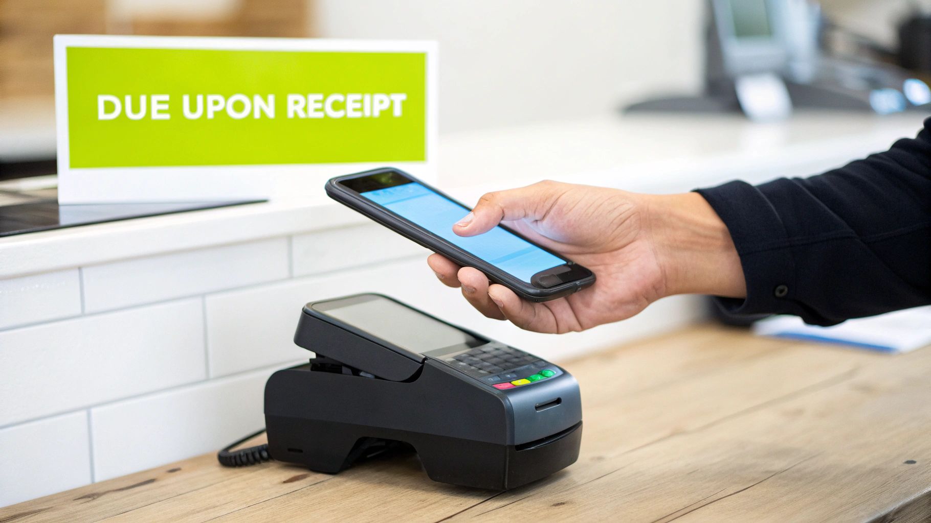 Hand holding a smartphone for mobile payment at a counter with a POS terminal and 'DUE UPON RECEIPT' sign.