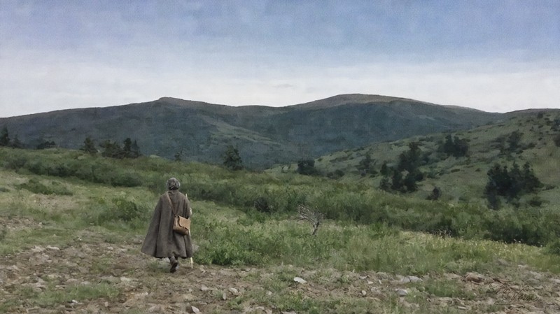 Sacred artwork by Faith and Verse. © Faith and Verse, 2026. All rights reserved. Eulogius of Córdoba on a rocky mountain path in the Pyrenean frontier zone, c. 848, carrying a satchel, viewed from behind against rolling green hills.