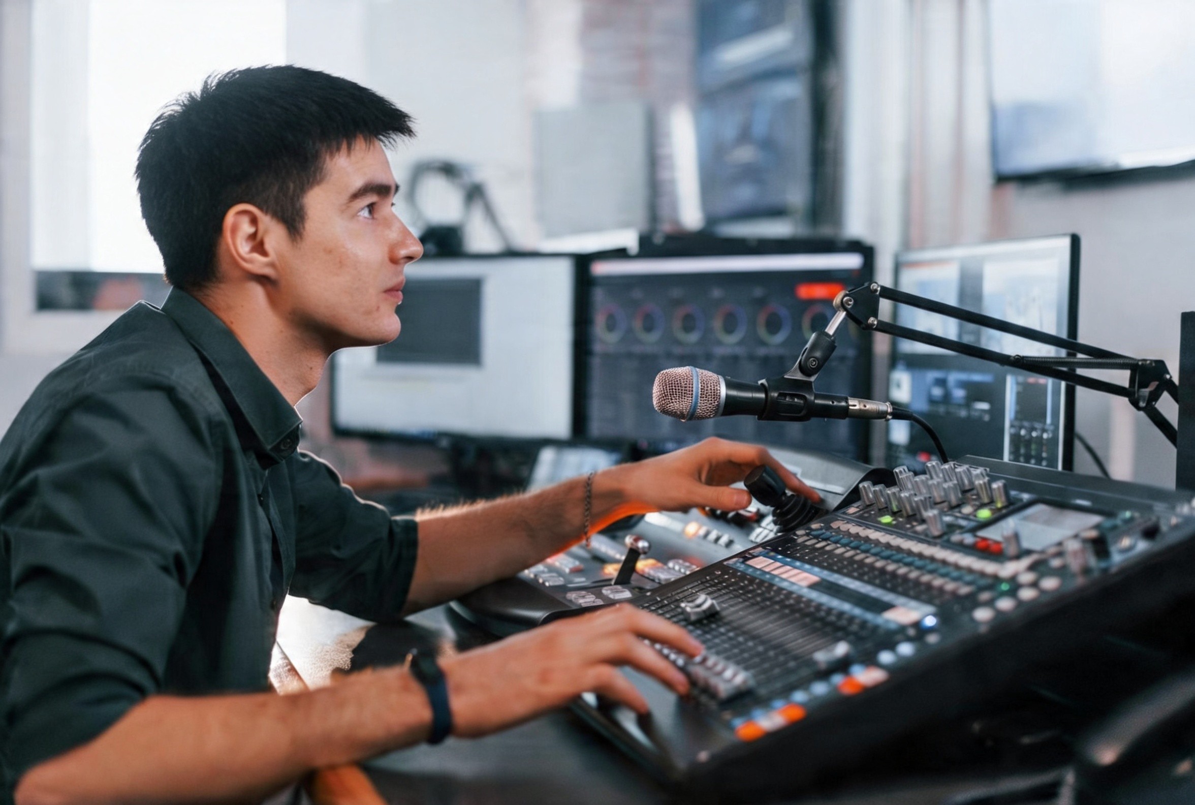 研討會技術團隊在控台檢查投影與音響設備，確保收音清晰畫面穩定，維持整場活動的專業觀感與品牌形象 AV technicians managing projector and sound system at seminar to ensure clear audio and stable visuals maintaining professional corporate event image 研討會技術支援 音響投影測試 企業活動統籌