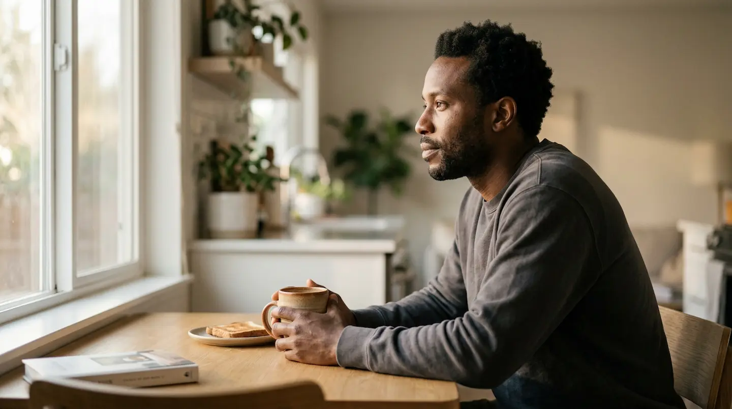 Man sitting at a kitchen table holding a mug and looking out the window