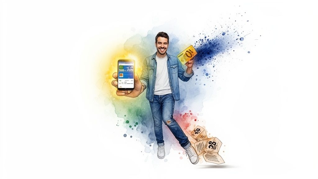 A smiling man holds a smartphone and a 10 euro note with colorful splashes and discount offers.