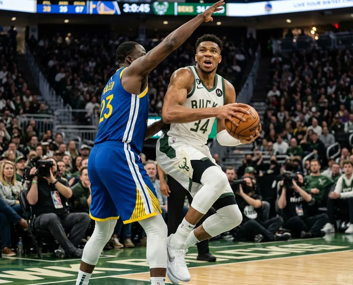 Giannis Antetokounmpo in action against the Golden State Warriors during an NBA game.