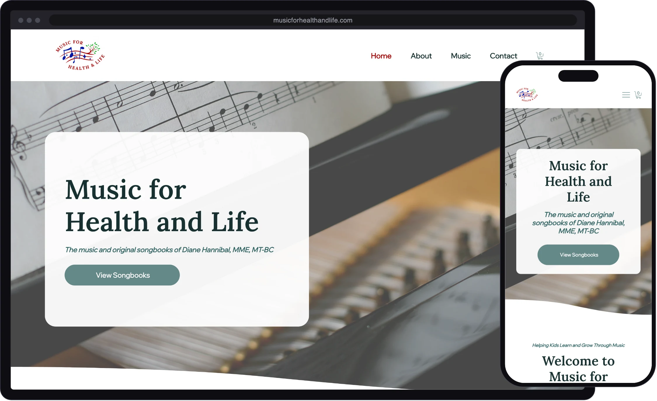 The Music for Health & Life website on desktop and phone.