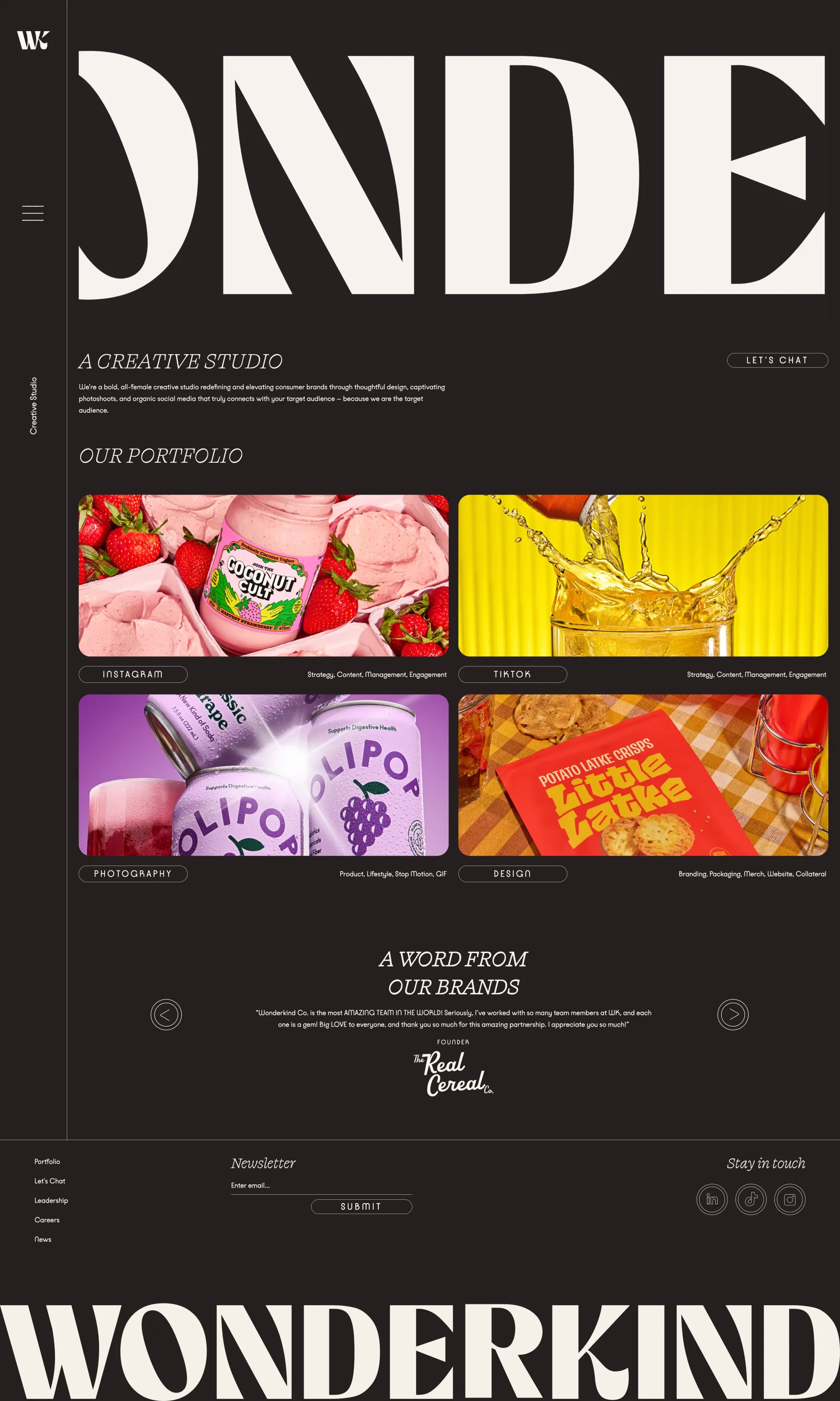 Wonderkind portfolio page screenshot showcasing Advertising and Design design